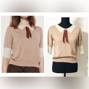 Miss Patina Academia Top (Dusty Pink) Chic Sweater with White Collar and Red Tie